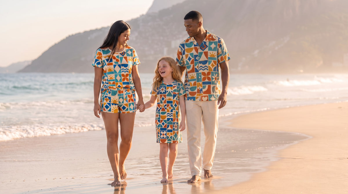 A family in coordinating prints