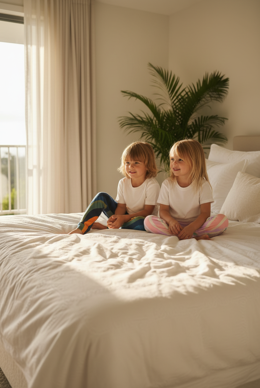 Siblings on bed