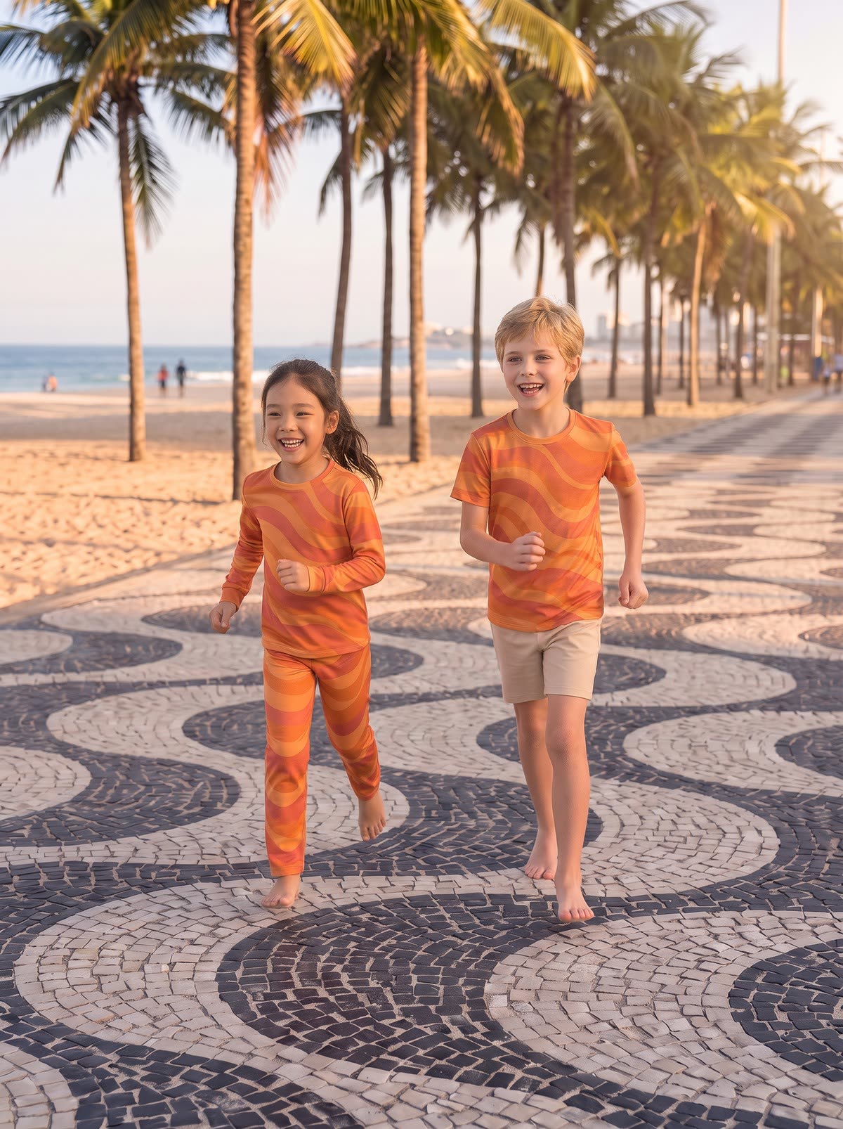 Two children in matching printed tees
