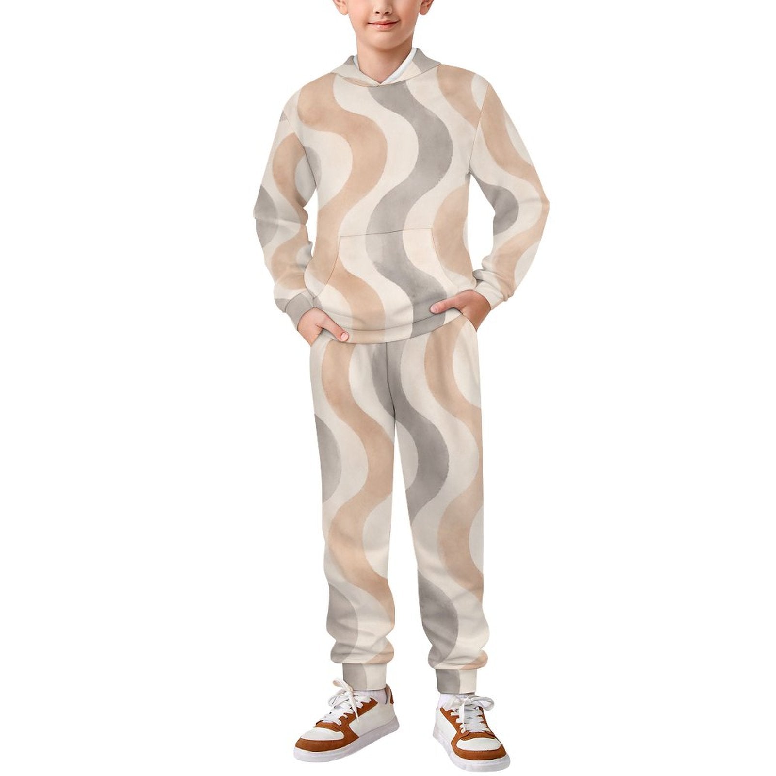 Kids Copacabana hoodie and pants set in the Sandstone wave print
