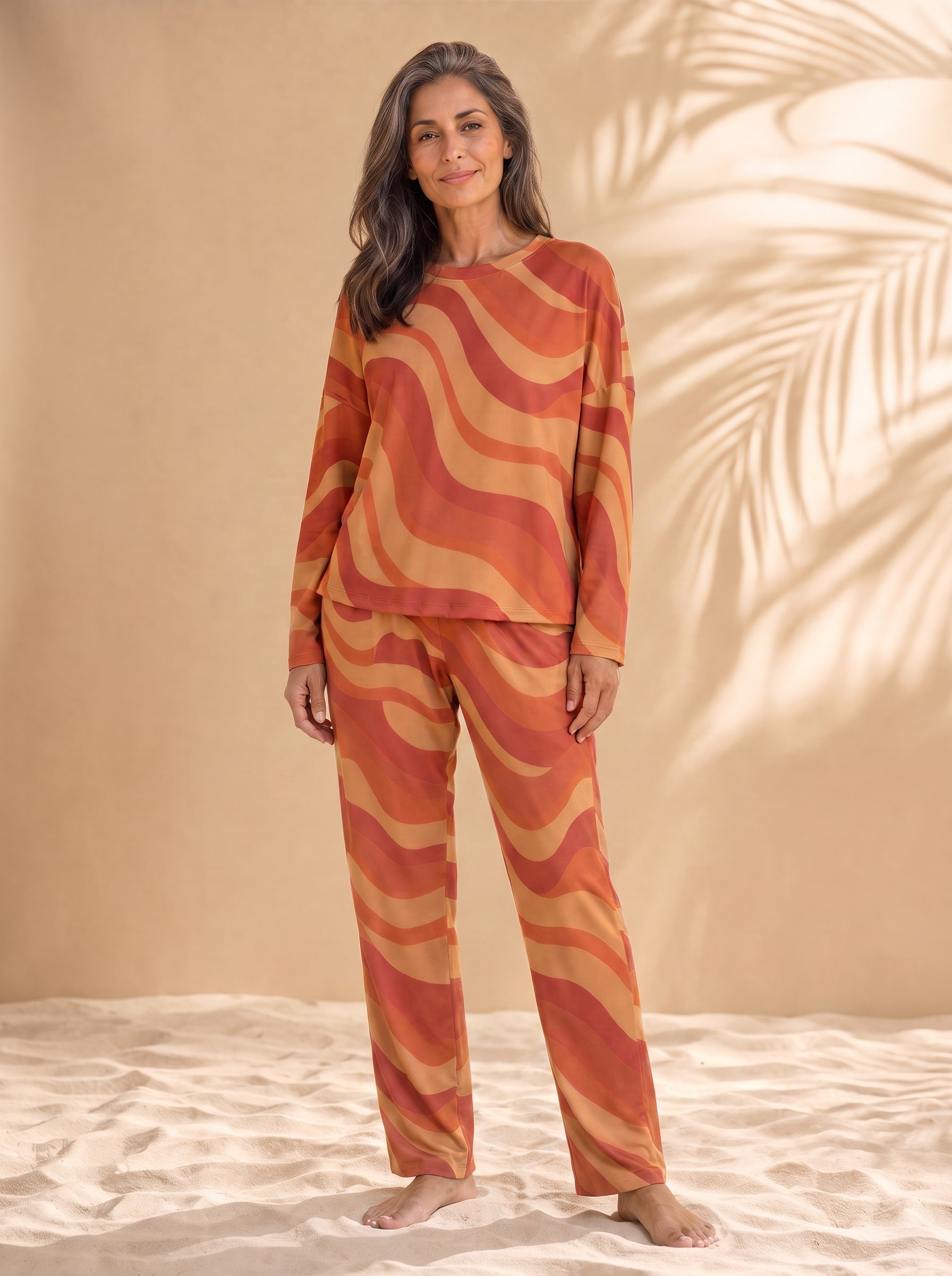 Copacabana long-sleeve pajama set in Laranja, front view on model